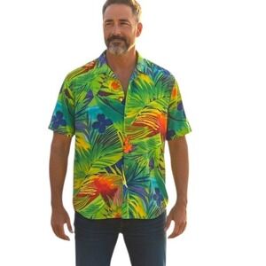 Vintage Jams World Hawaiian Mens size XL Tropical Palm Resortwear Button Shirt